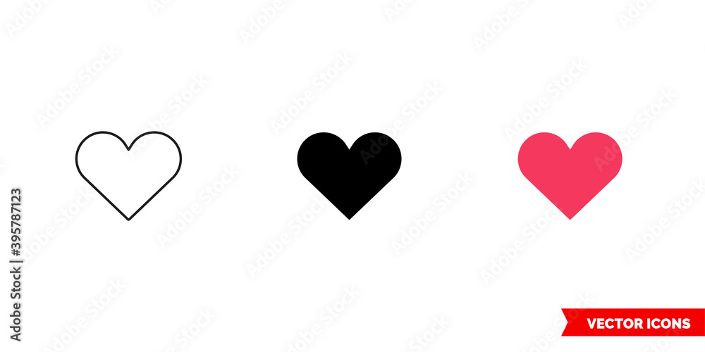 Heart icon of 3 types color, black and white, outline. Isolated vector sign symbol.