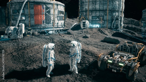 Fototapeta Naklejka Na Ścianę i Meble -  Meeting of astronauts at the lunar base near the lunar rover. View of the lunar colony and astronauts working at the space base. 3D Rendering.