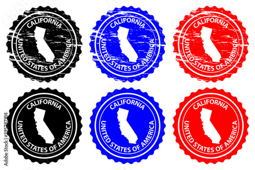 California - rubber stamp - vector, California (United States of America) map pattern - sticker - black, blue and red 