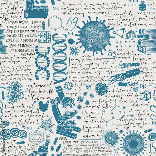 Hand-drawn seamless pattern on the scientific theme of chemistry, genetics, medicine, research and education. Abstract vector background with sketches and handwritten text lorem ipsum in retro style