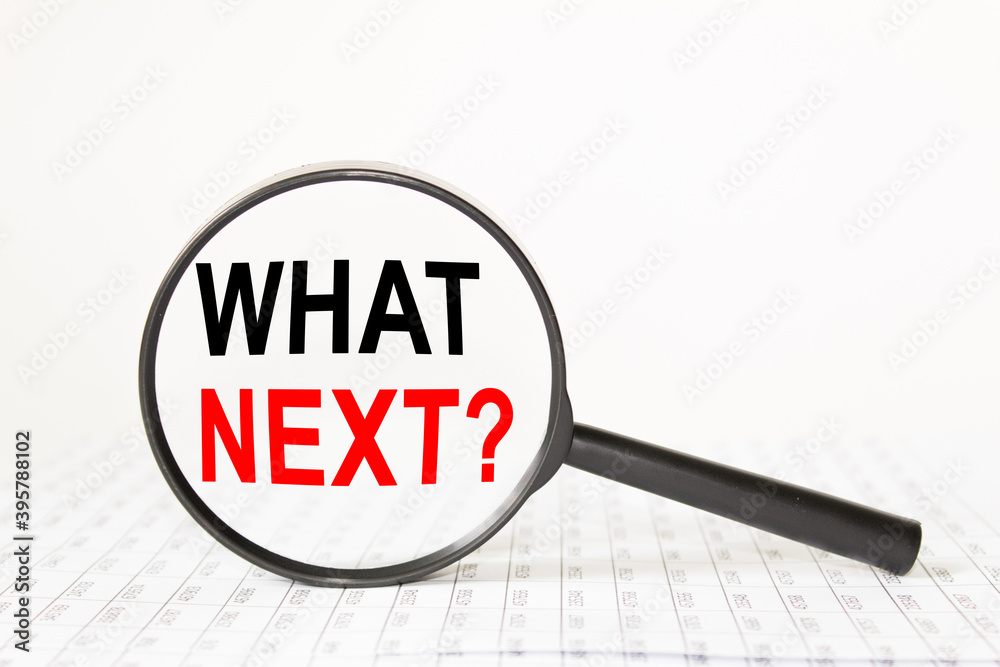 words WHAT NEXT in a magnifying glass on a white background. business concept words WHAT NEXT in a magnifying glass on a white background. business concept