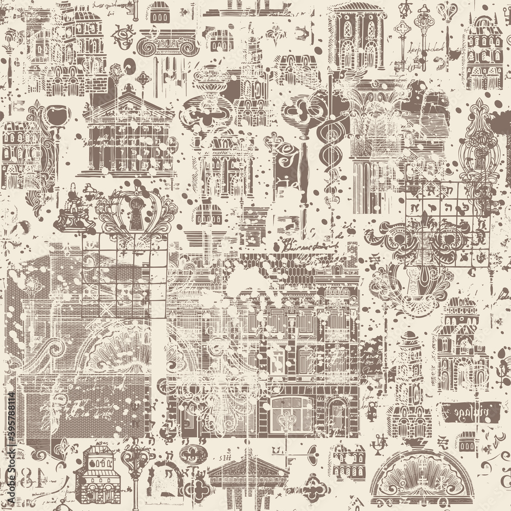 Abstract seamless pattern on theme of architecture, houses and buildings. Creative vector background with hand-drawn vintage buildings, architectural elements and old keys. Wallpaper, wrapping paper