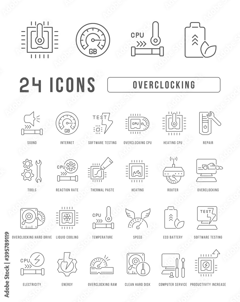 Set of linear icons of Overclocking