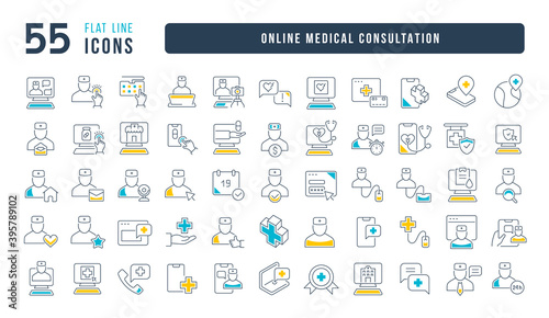 Set of linear icons of Online Medical Consultation