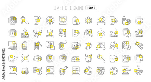 Set of linear icons of Overclocking