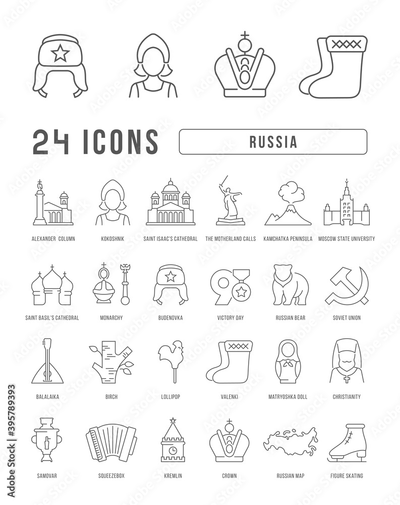 Set of linear icons of Russia Set of linear icons of Russia
