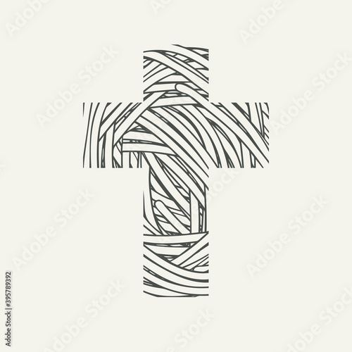 Sign of the Christian cross with an abstract texture of a skein of thread. Decorative vector illustration, religious symbol with wound threads, icon, logo, mascot, t-shirt design, design element
