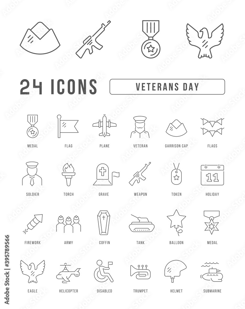 Set of linear icons of Veterans Day Set of linear icons of Veterans Day