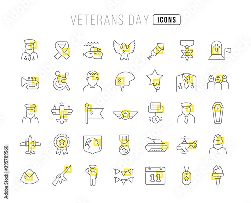 Set of linear icons of Veterans Day