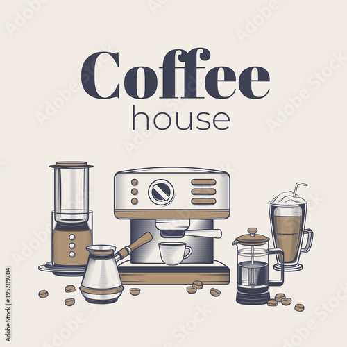 Vector hand drawing set of illustrations of making coffee. Turk, espresso machine, aeropress, French press, cappuccino. Vintage engraving illustration for coffee shop, restaurant, bar menu.