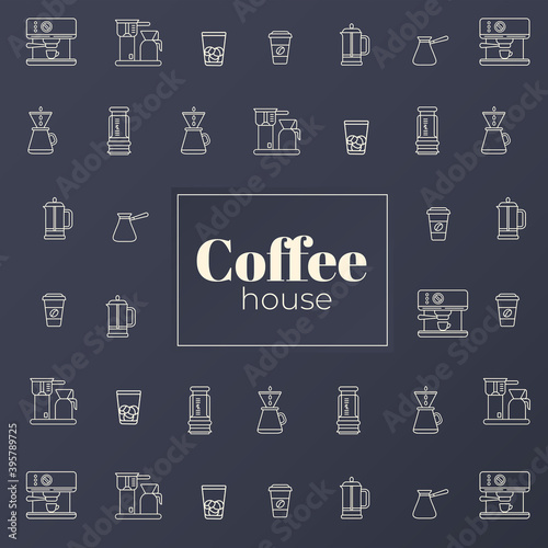 Simple line pattern of coffee shop.  Turk, espresso machine, aeropress, coffee to go, coffee pot, puer-over, french press, home coffee maker vector illustration.