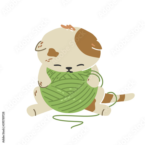 Cute little kitten sleeps among a ball of yarn. Very tired, exhausted cat. Flat illustration.