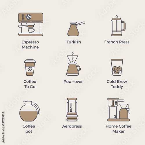 Set simple line icon of coffee shop.  Turk, espresso machine, aeropress, coffee to go, coffee pot, puer-over, french press, home coffee maker vector illustration.