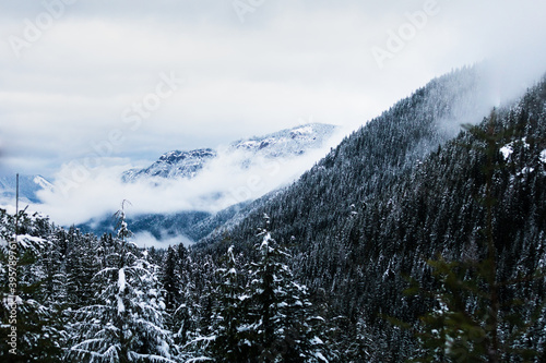 Snowy mountain road with fog