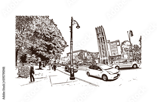 Building view with landmark of Downtown is the
Neighbourhood of Victoria, Canada. Hand drawn sketch illustration in vector.