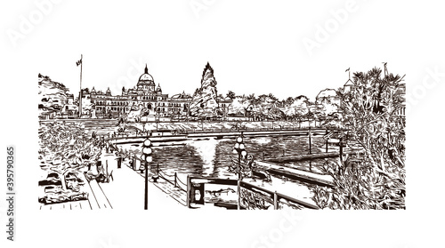 Building view with landmark of Downtown is the
Neighbourhood of Victoria, Canada. Hand drawn sketch illustration in vector.