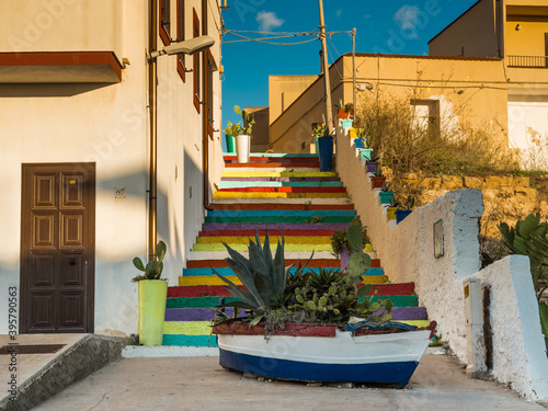 LAMPEDUSA, ITALY - Oct 22, 2020: colorful staircase in Lampedusa