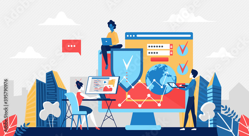 Cyber security service concept vector illustration. Cartoon developer people team working on business network cybersecurity, developing computer protection by antivirus software application background