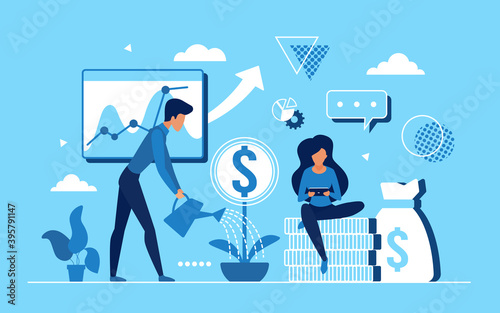 Business people work to increase income revenue vector illustration. Cartoon businessman character watering money plant in pot, employee team working on financial profit growth concept flat background