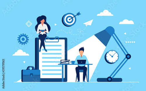 Business people make money vector illustration. Cartoon characters sitting at workplace table in home or office, working on laptop and planning time to solve business work task concept flat background