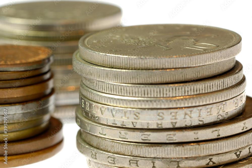 Three stacks of Old international Coins Three stacks of Old international Coins