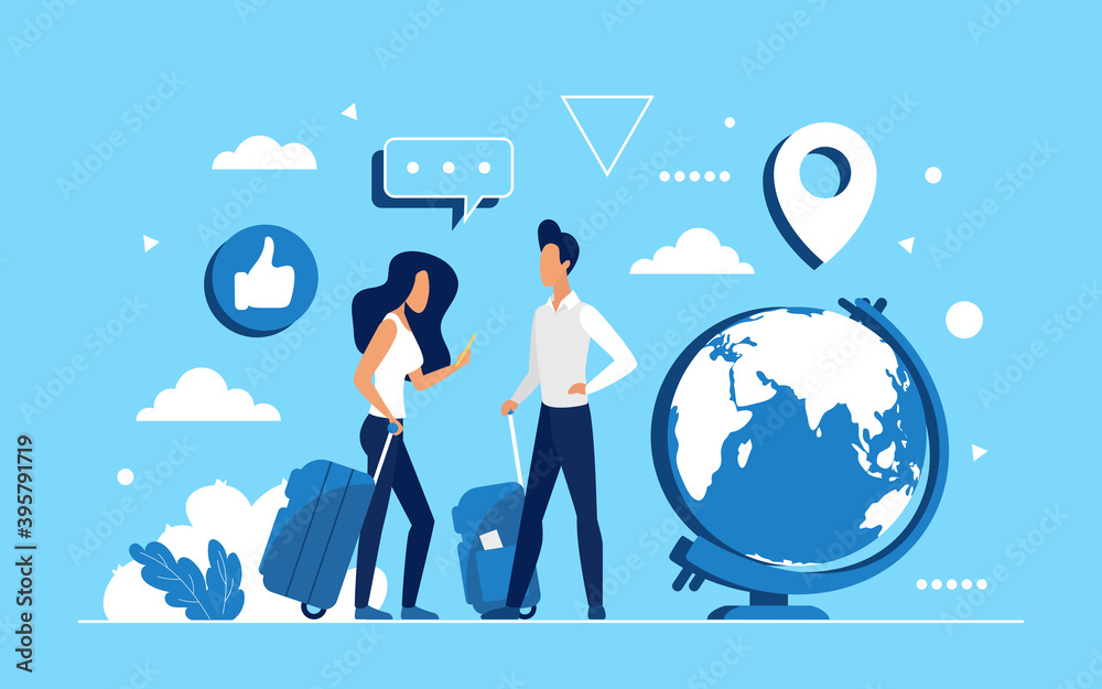 People travel concept vector illustration. Cartoon man woman tourist characters with suitcases and smartphone standing next to globe world map, global communications, traveling around world background