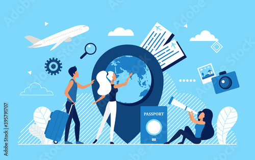 People travel around world tourism concept vector illustration. Cartoon tourist characters with suitcase, passport and plane tickets traveling, travelers enjoy worldwide trip adventure background