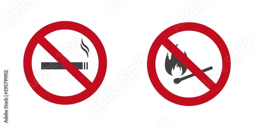 No smoking, No open flame. Forbidden no smoking and no open fire burning red sign. Vector