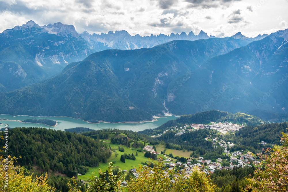 Fototapeta premium Veneto mountains background with river, Italy
