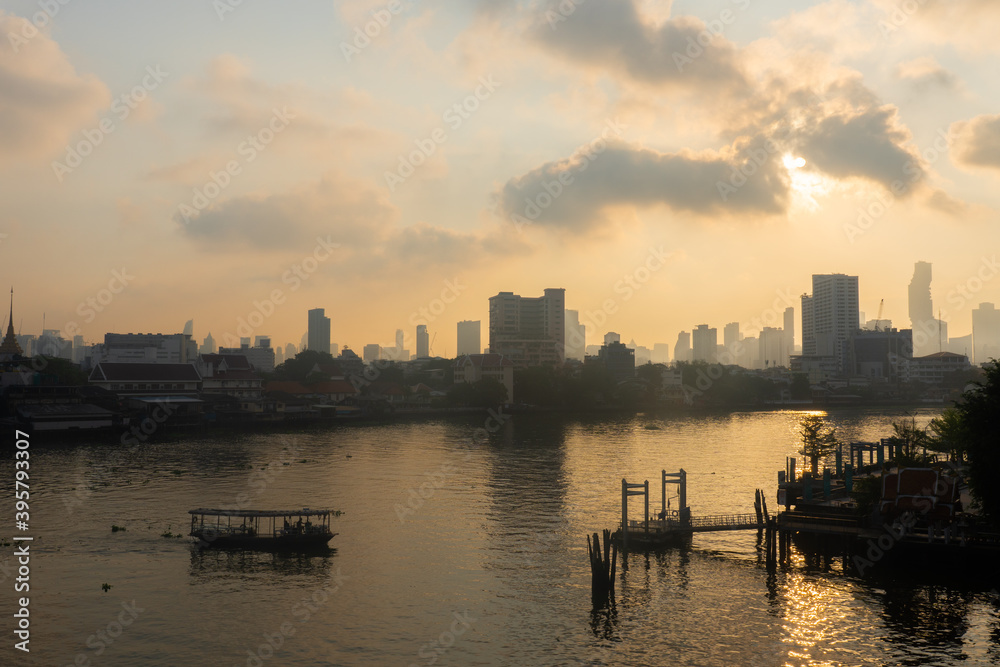 Beautiful view of Chao Praya River and cityscape of Bangok, Thailand in the morning