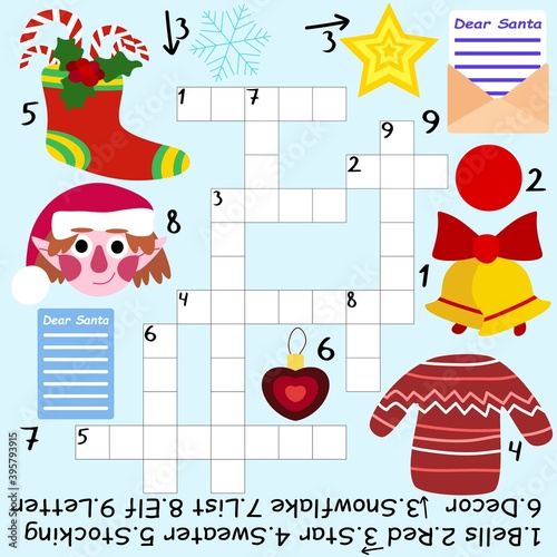 Christmas children crossword stock vector illustration. Educational game for kids with ten English words and answer below. Funny colorful square cartoon printable page. Winter season holidays puzzle