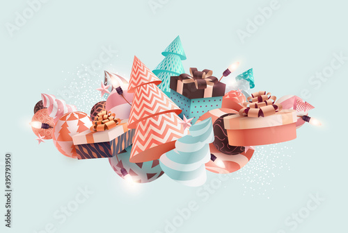  Christmas tree with gift boxes on light background. New year greeting card design.