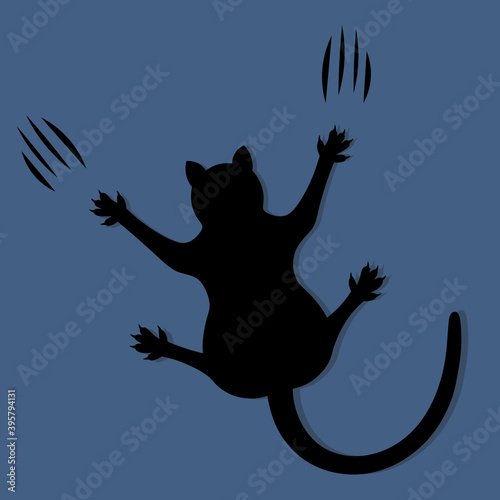 The pet slides down the wall, leaving scratches. Isolated blue background. Flat style. Black Friday. A fluffy animal with sharp claws. Little imp. A purring creature with a mustache. A pet.