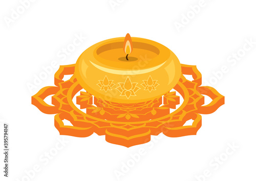 Yellow decorative candle and mandala isolated on a white background vector. Zen spa candle icon vector. Beautiful decorative candle with mandala vector. Yoga scented candle vector