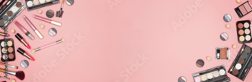 set of professional cosmetics, makeup tools and accessories on pink background, beauty, fashion, shopping concept, flat lay
