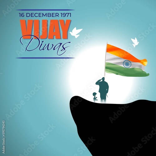 Vector illustration of Vijay Diwas (VICTORY DAY)banner, 16 december 1971, India flag, soldier with rifle and helmet, flying birds, banner template for websites.