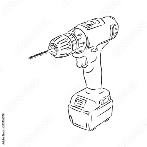 Electric drill drawing isolated on white background. drill vector sketch illustration