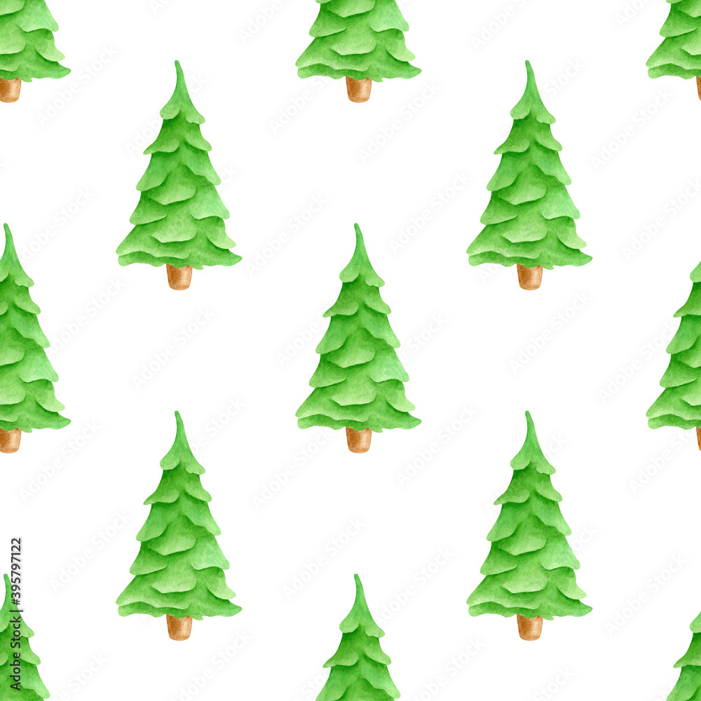 Watercolor seamless pattern with cute green Christmas trees. Hand drawn evergreen fir forest tree ornament isolated on white background. Illustration for wrapping paper, new year celebration design.