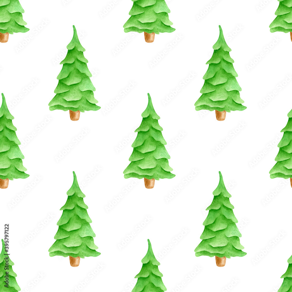 Obraz premium Watercolor seamless pattern with cute green Christmas trees. Hand drawn evergreen fir forest tree ornament isolated on white background. Illustration for wrapping paper, new year celebration design.