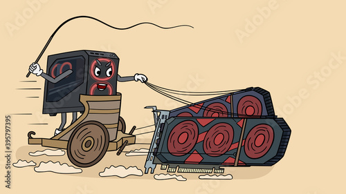 A cartoon computer overclocks a system of dual video cards.
