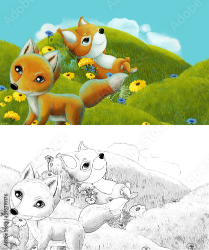 cartoon scene with sketch with forest animal on the meadow having fun