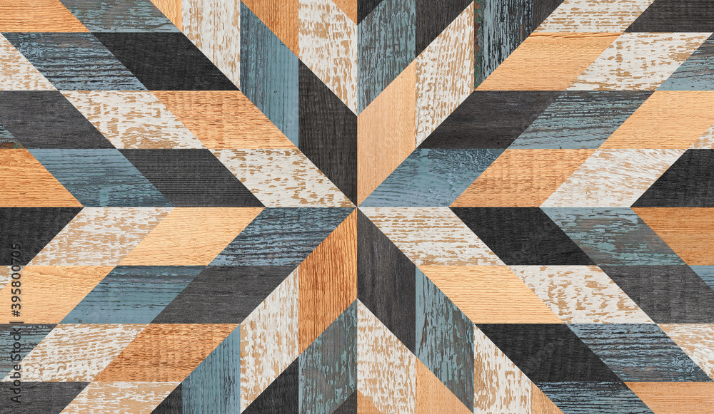 Fototapeta premium Colorful parquet floor with geometric pattern made of barn boards. Weathered wood texture background. Grunge wooden panel for wall decor.