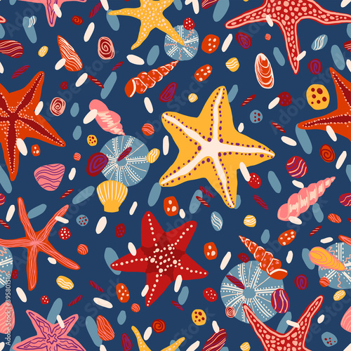 Starfishes, shells and stones flat hand drawn vector seamless pattern. Colorful wallpaper in scandinavian style. Summer sea background. Abstract design for prints, wrap, textile, fabric, decor, cards.