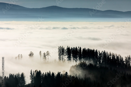 ground fog in valley, seen from mountain Pleschkogel near village Rein in Styria, Austria © Lunghammer