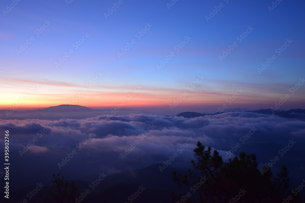 Dawning sky with sea of clouds at Phu Chee Pher viewpoint  Mae Hong Son Northern  Thailand.