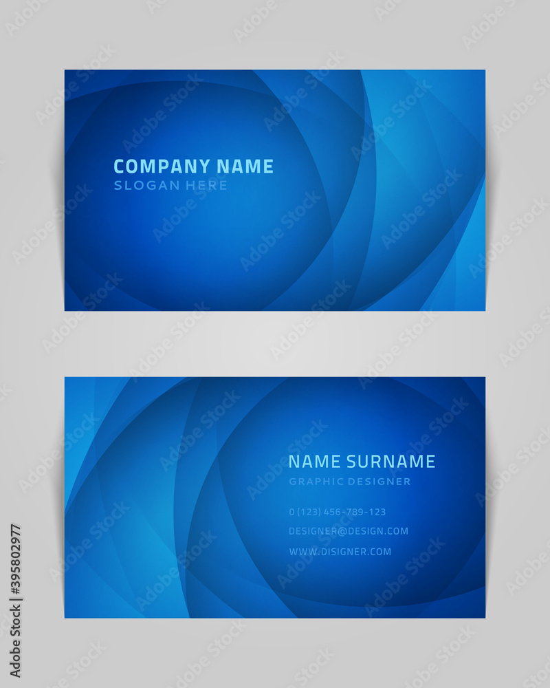 Fototapeta premium Abstract business card with spiral swirls vector template. Blue geometric lines futuristic gradient dance.
