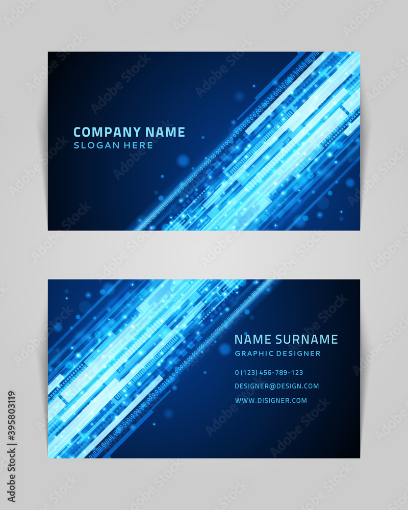 Fototapeta premium Abstract business card with linear shapes and dots vector banner. Techno blue stripes template with creative gradient dust.