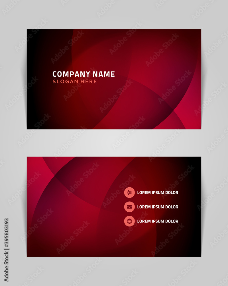 Fototapeta premium Business card with abstract curved lines and shapes vector banner. Red geometric stripes with rich gradient and spiral textures.
