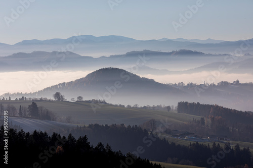 ground fog in area named "Steirisches Almenland" near Semriach in Styria, Austria