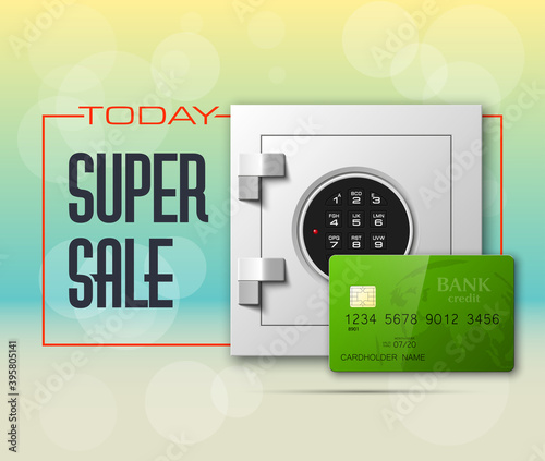 Credit card & Electronic lock picture. Bank door card & image combination lock front side banner. Plastic card & steel safe. Debit card & electromagnetic locking devices chip. Online payment banner